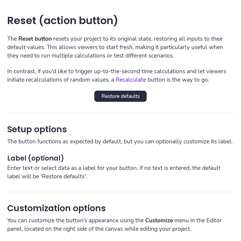 Reset (action button) – Calculator Studio